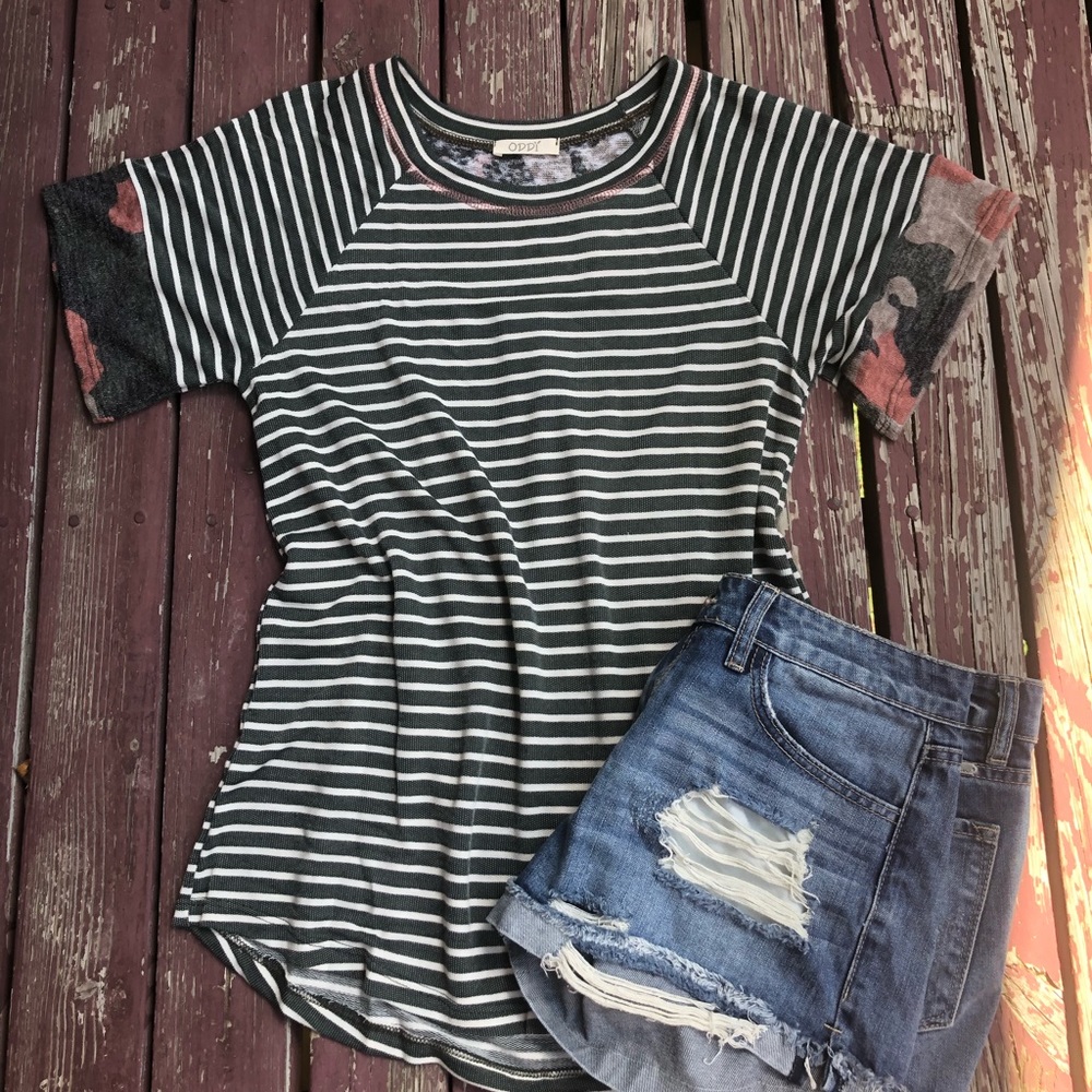 Striped Top with Camo Detail Top